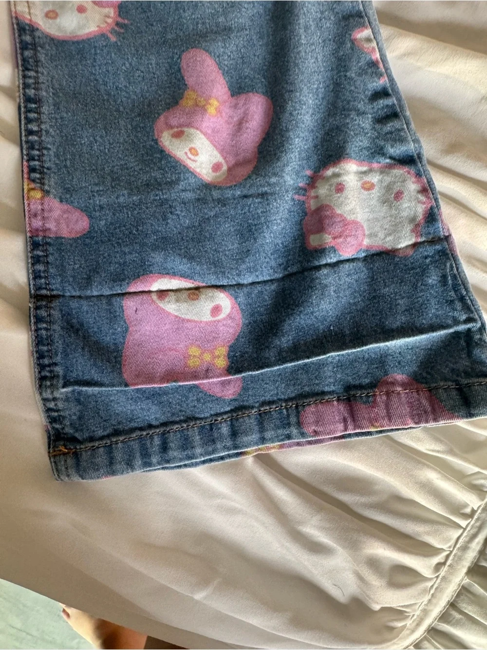 Blue Denim Flared Pants with Pink Hello Kitty Print